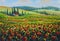 Oil painting Provence nature landscape fields of red poppies, farmhouse houses among hills and cypress trees in mountains art