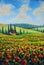 Oil painting Provence nature landscape fields of red poppies, farmhouse houses among hills and cypress trees in mountains art