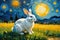 Oil painting a rabbit on a sunny day with van gogh\\\'s starry nights style background