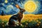 Oil painting a rabbit on a sunny day with van gogh\\\'s starry nights style background