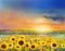 Oil painting of a rural sunset landscape with a golden sunflower