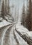 Oil Painting of a snow road with trees on the side and falling snow.