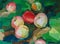 Oil painting still life, apples on the ground close-up, expressive texture, bright strokes, relief strokes, author`s painting