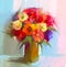 Oil painting still life of bouquet,yellow,red color flora. Gerbera,daisy and green leaf in vase