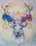 Oil painting still life, a fabulous deer with large horns, flowers, grapes, candles and bees on the horns. Magic deer, expressive
