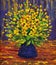 Oil painting. Still life of lush bouquet of bright yellow flowers in a dark blue vase