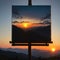 Oil painting style. Beautiful sunrise in the mountains. Mountains on the sky background. Traveling along the