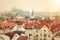 Oil painting style illustration of Prague old houses tile roofs, castle and cathedral. view from above. vintage and mostalgic