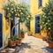 oil painting style image of a quaint Italian alley adorned with lemon trees and potted plants