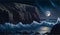 oil painting-style image of a rugged beach cliff at night, with the shimmering moonlight casting dramatic shadows and