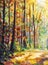 Oil painting sunny Autumn forest.