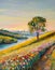 Oil painting of sunset landscape with tree and flowers during golden hour