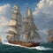an oil painting of the tall ships in the ocean.