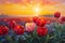 oil painting, tulips on a background of beautiful sunrise, impressionism art