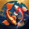 Oil painting of two koi fish circling like yin and yang patterns. Two golden fish in the pond in harmony