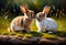 oil painting.two rabbits in love.long ears, a short tail, long hind legs