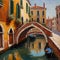 Oil painting of Venetian architecture and water canal in Venice