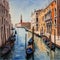 Oil painting of Venetian architecture and water canal in Venice