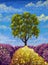 Oil painting warm summer landscape with beautiful tree