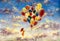 Oil painting young woman girl with multicolored balloons stands on cloud in sky.