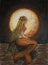 Oil pastels painting on canvas of blonde mermaid standing on a rock in the sea with big red moon on background, fantasy