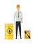 Oil petroleum industry. Engineer or oilman with canister and barrel. Man represents product on flat cartoon icon