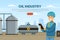 Oil or Petroleum Industry Landing Page with Man Character in Blue Uniform and Tank with Chemical Vector Template