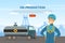 Oil or Petroleum Industry Landing Page with Man Character in Blue Uniform and Tank with Chemical Vector Template