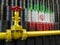 Oil pipe line valve in front of the Iranian flag on the oil barrels