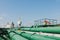 Oil pipelines on tankers ship, many pipe line on deck ship.