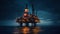 An oil platform on the calm sea, realistic, cinematic, with lights, Generative AI