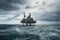 Oil platform in the ocean in cloudy stormy weather. Generative AI