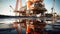 Oil platform in the ocean. Offshore drilling for gas and oil. Large oil platform for oil and gas production. Industrial resource