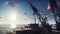 Oil platform, offshore platform, or offshore drilling rig in sea at sunrise. 3D Rendering