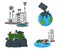 Oil Pollution Concept Icon and Label. Earth Pollution by Petroleum and CO2. Factory Catastrophe Symbol, Icon and Badge. Cartoon