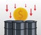 Oil price graphic with coin in barrels and arrows down