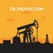 Oil Production Banner Template, Pumpjack Oil Rig Crane Platform Silhouette at Sunset Vector Illustration