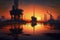 oil production platforms with rigs and refineries at sunset