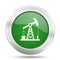 Oil pump green glossy vector icon, industry concept silver metallic round web button