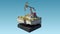 Oil pump jack at a drill site in a desert with oil barrels and refinery tanks on a floating island. 3d illustration