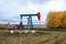Oil pump jack is on field at autumn season