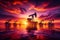 oil pump jacks in the sea against the backdrop of a bright sunset