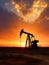 Oil pumping industry. Silhouette of a rig at the backdrop of stunning orange sundown. Generative AI