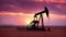 An oil pumpjack extracts oil in the desert against the backdrop of a huge city. Sunset scarlet sky. AI generated