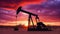 An oil pumpjack extracts oil in the desert against the backdrop of a huge city. Sunset scarlet sky. AI generated