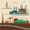 Oil recovery, oil rig, oil industry set with extraction refinery transportation petroleum vector illustration