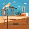 Oil recovery, oil rig, oil industry set with extraction refinery transportation petroleum vector illustration