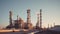 Oil refinery with clear skies and evening sun. Rafinery pipelines and chimneys against clear sky