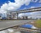 Oil refinery with crossing pipelines on scaffolds, Port of Antwerp, Belgium