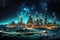 Oil refinery at night with lights on the ground. Vector illustration, generative ai